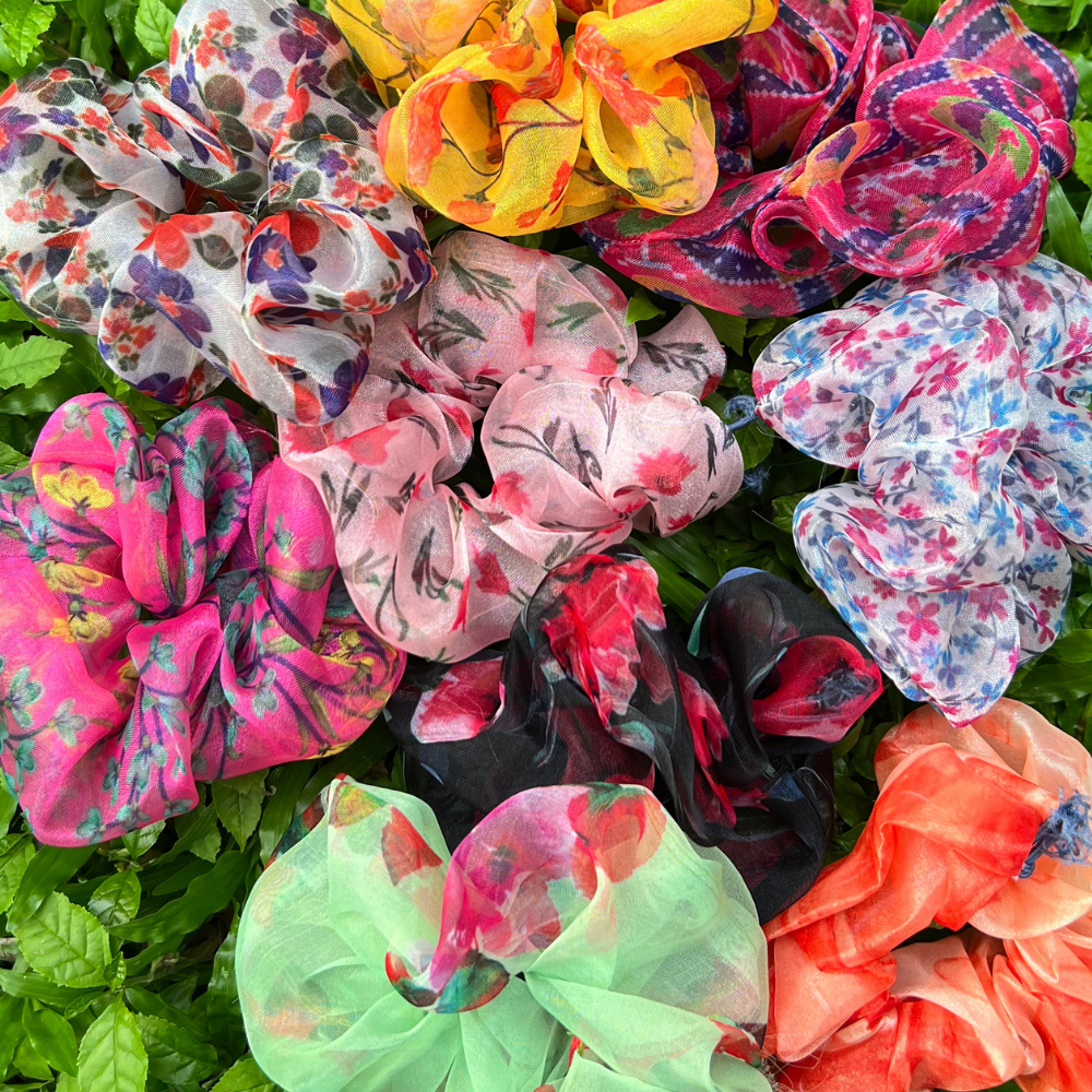 Green Floral Organza Scrunchie