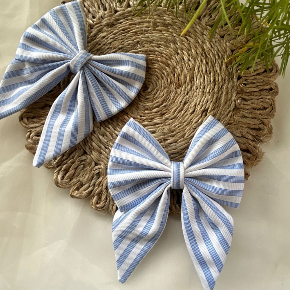 Blue and White Stripes Pigtail Bows