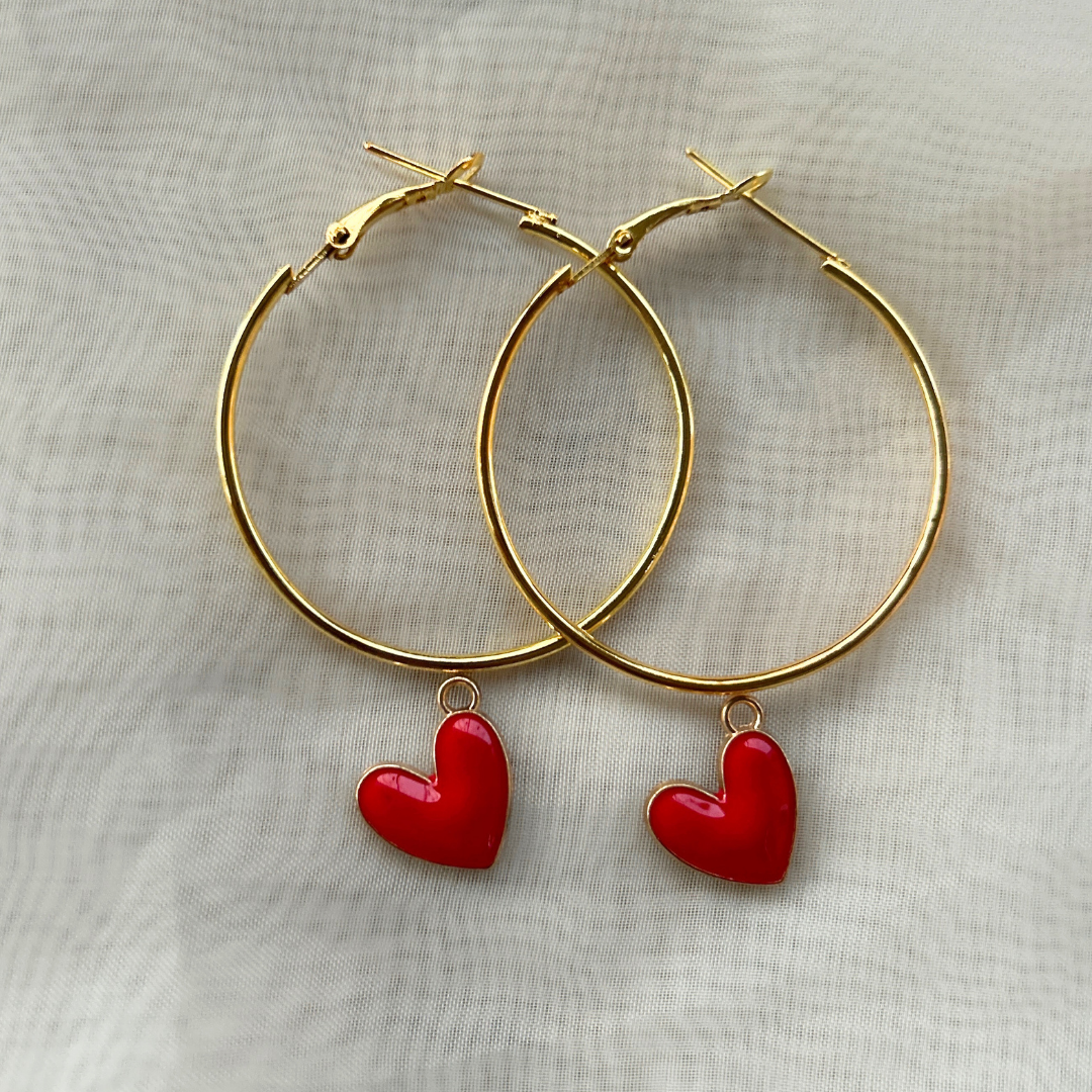 Heart Hoop Earrings - Red