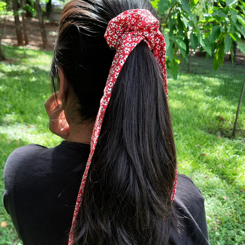 Red Floral Print Scarf Scrunchie / Tail Scrunchie / Bowknot Scrunchie