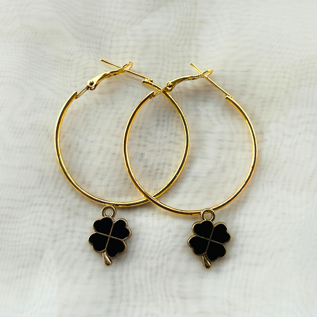 Clover Leaf Hoop Earrings - Black
