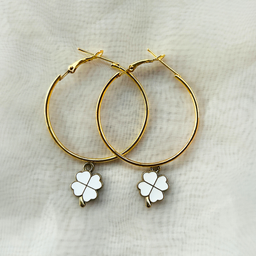 Clover Leaf Hoop Earrings - White