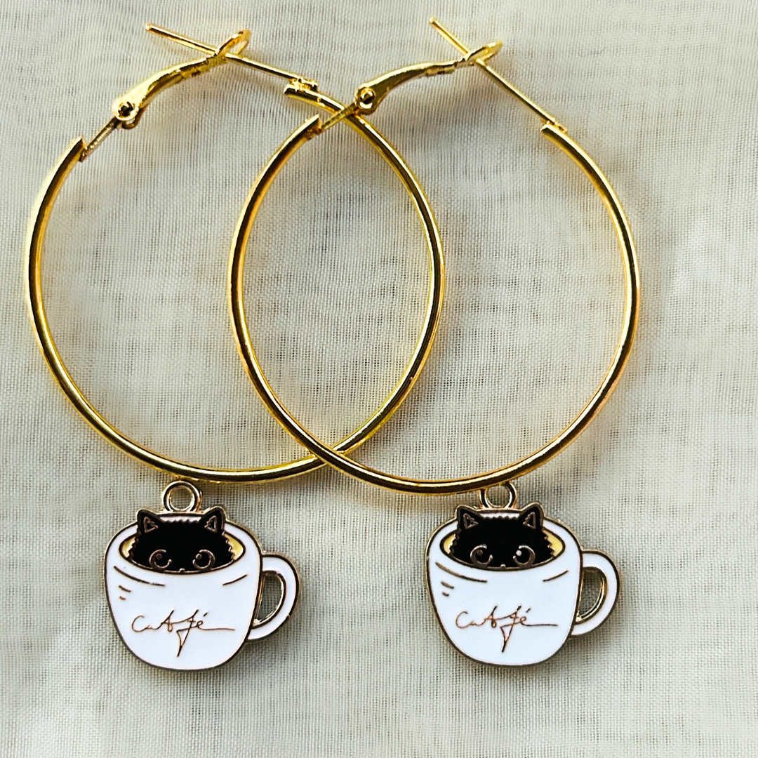 Cat in a Cup Hoop Earrings