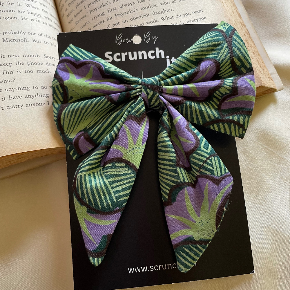 Purple and Green Prints - Pigtail Bow
