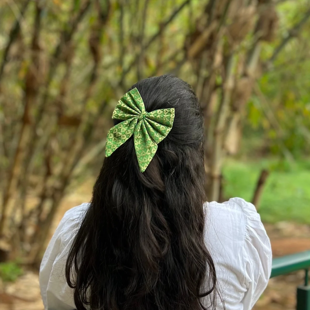 Green Ethnic Bow - Pigtail Bow
