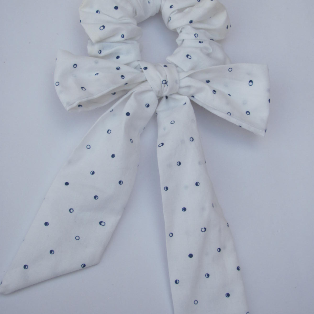 Blue Polka Dots on White Scarf Scrunchie / Tail Scrunchie / Bowknot Scrunchie