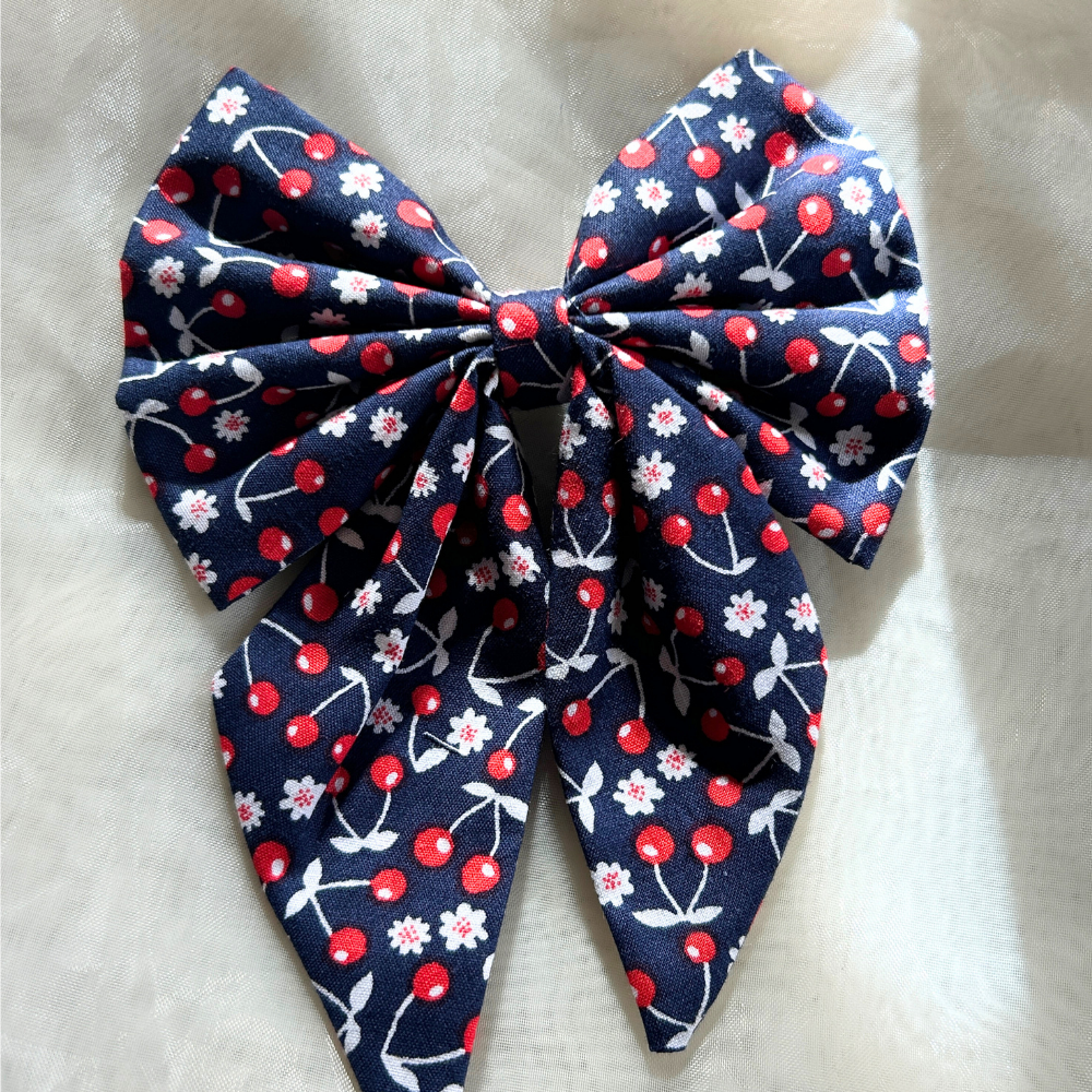 Blue Cherry Print Pigtail Bow