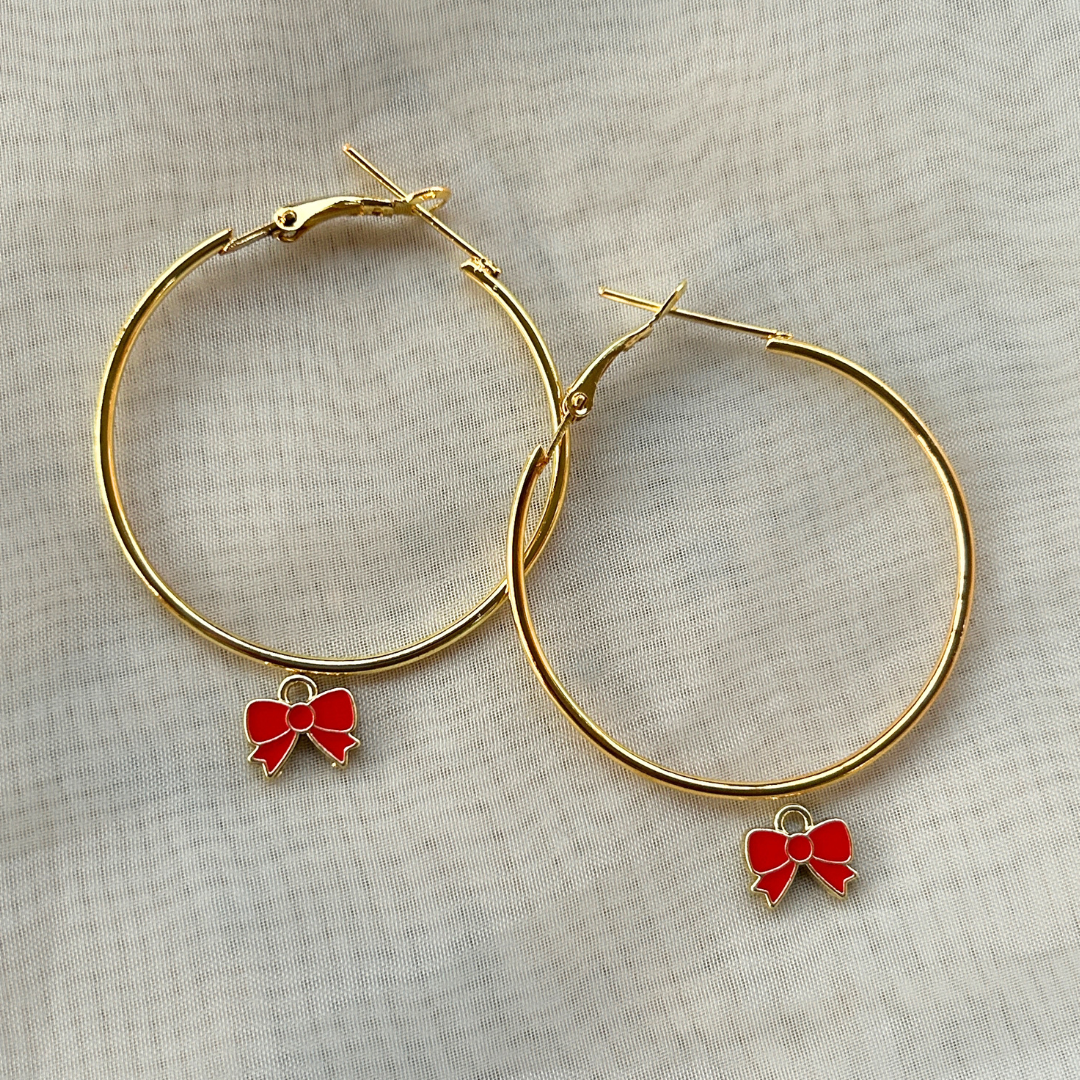 Mini Bow Hoop Earrings - Red