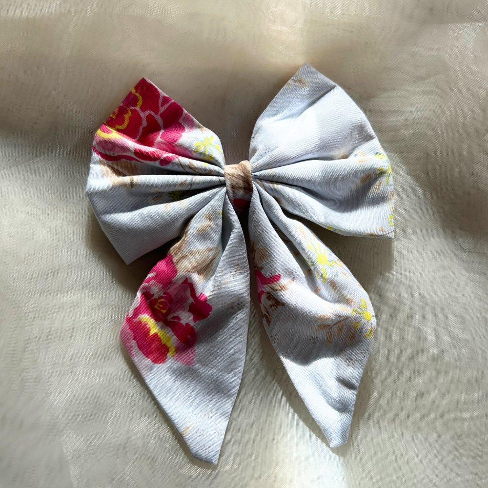 Blue Floral Prints Pigtail Bow