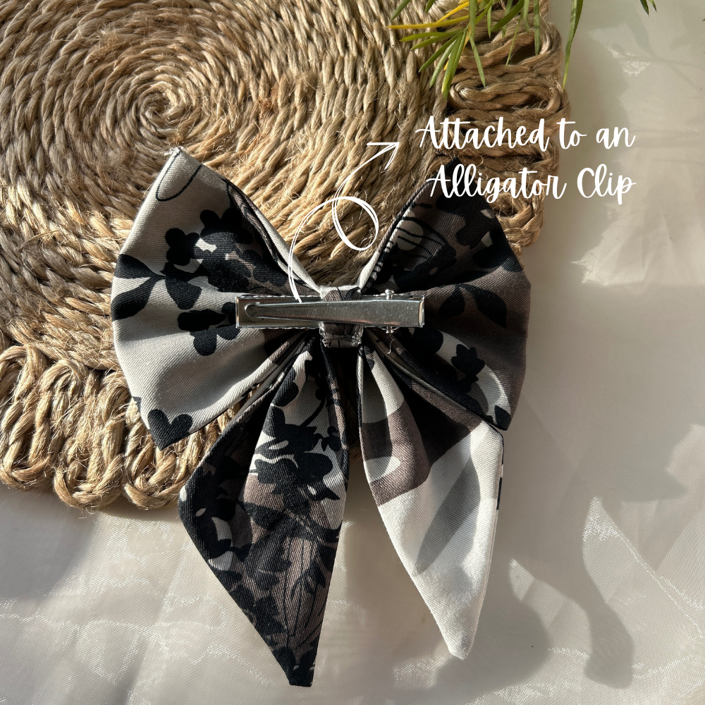 Black and Grey Prints Pigtail Bow