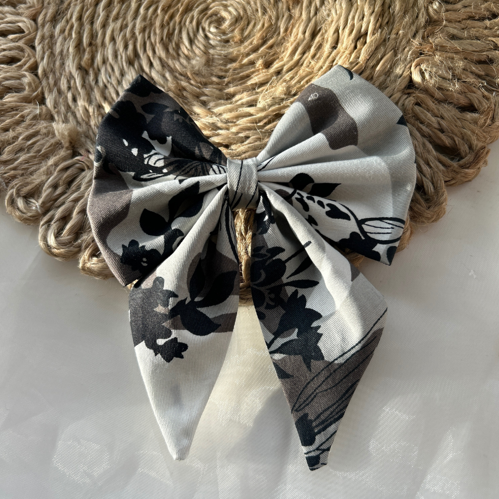 Black and Grey Prints Pigtail Bow