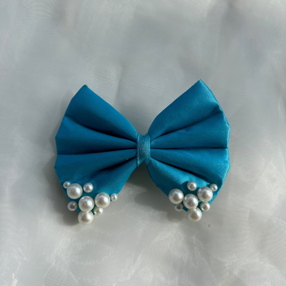 Blue Satin Pearl Bow