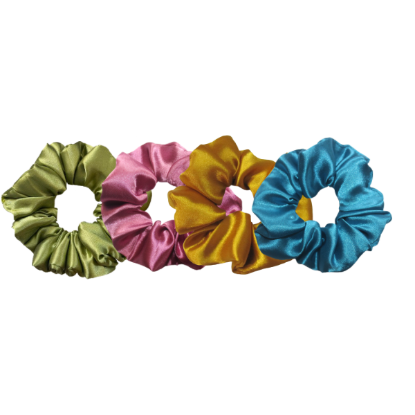 Bright Satin Scrunchies Combo of 4 Scrunchies (Grass, Mauve, Bumblebee, Sulphur ￼)