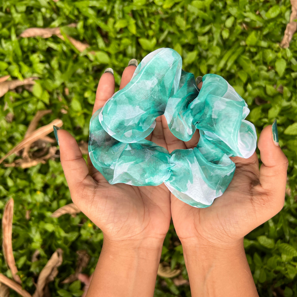 Dark Green Tie Dye Organza Scrunchie