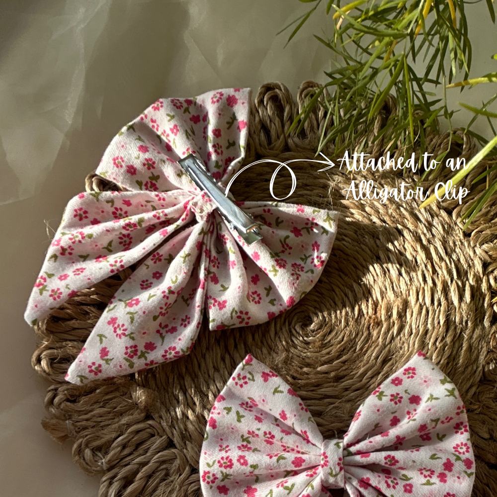 Pink Floral Print White Pigtail Bow