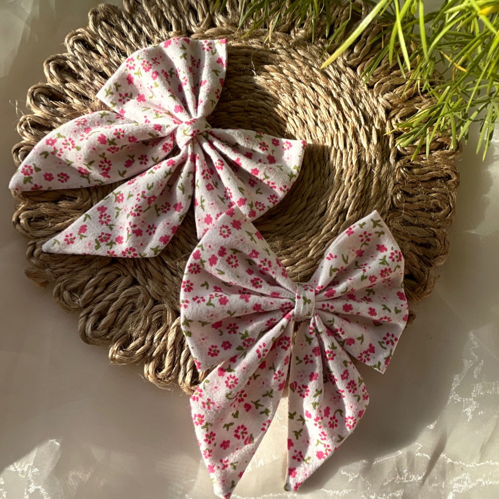 Pink Floral Print White Pigtail Bow