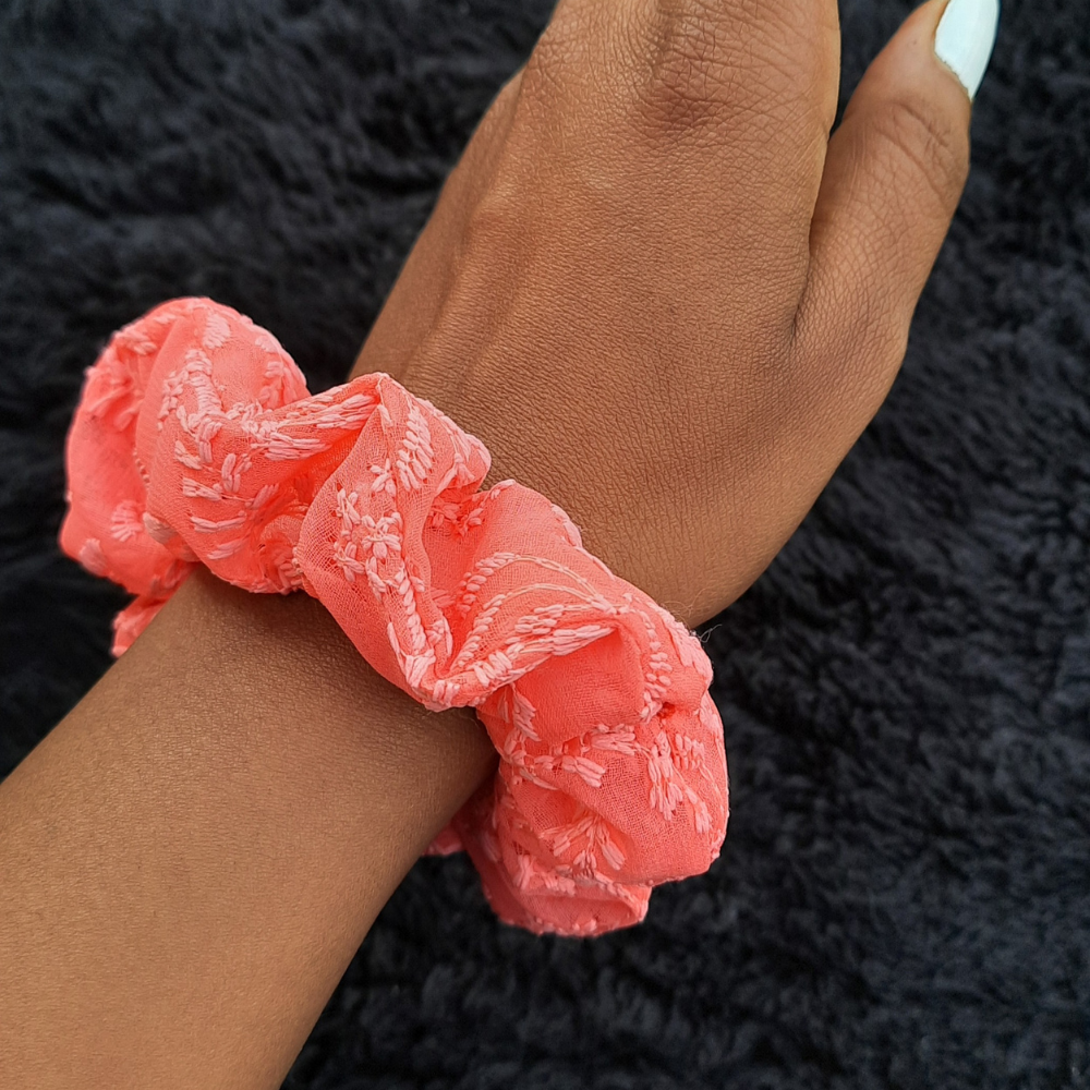 Pink Chikankaari Scrunchie