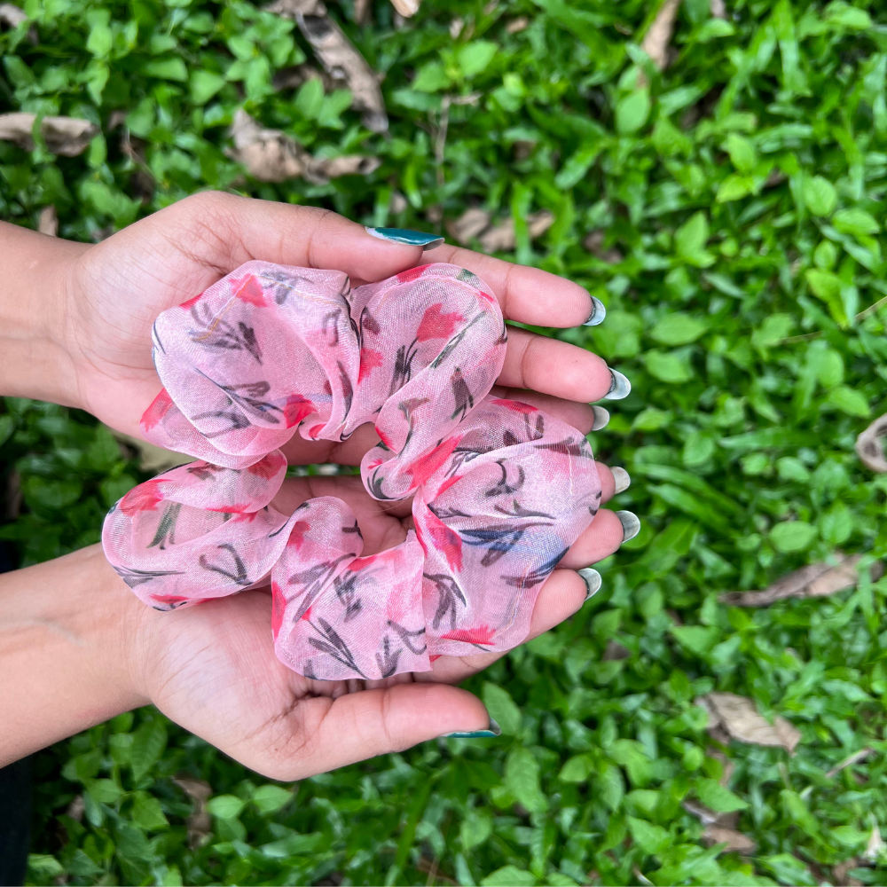 Pink Floral Organza Scrunchie
