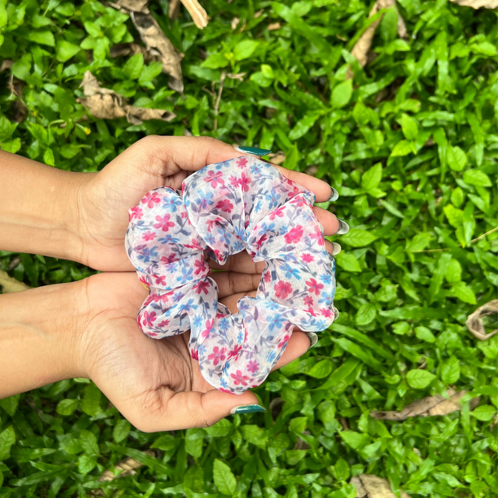 Pink and Blue Flowers Organza Scrunchie