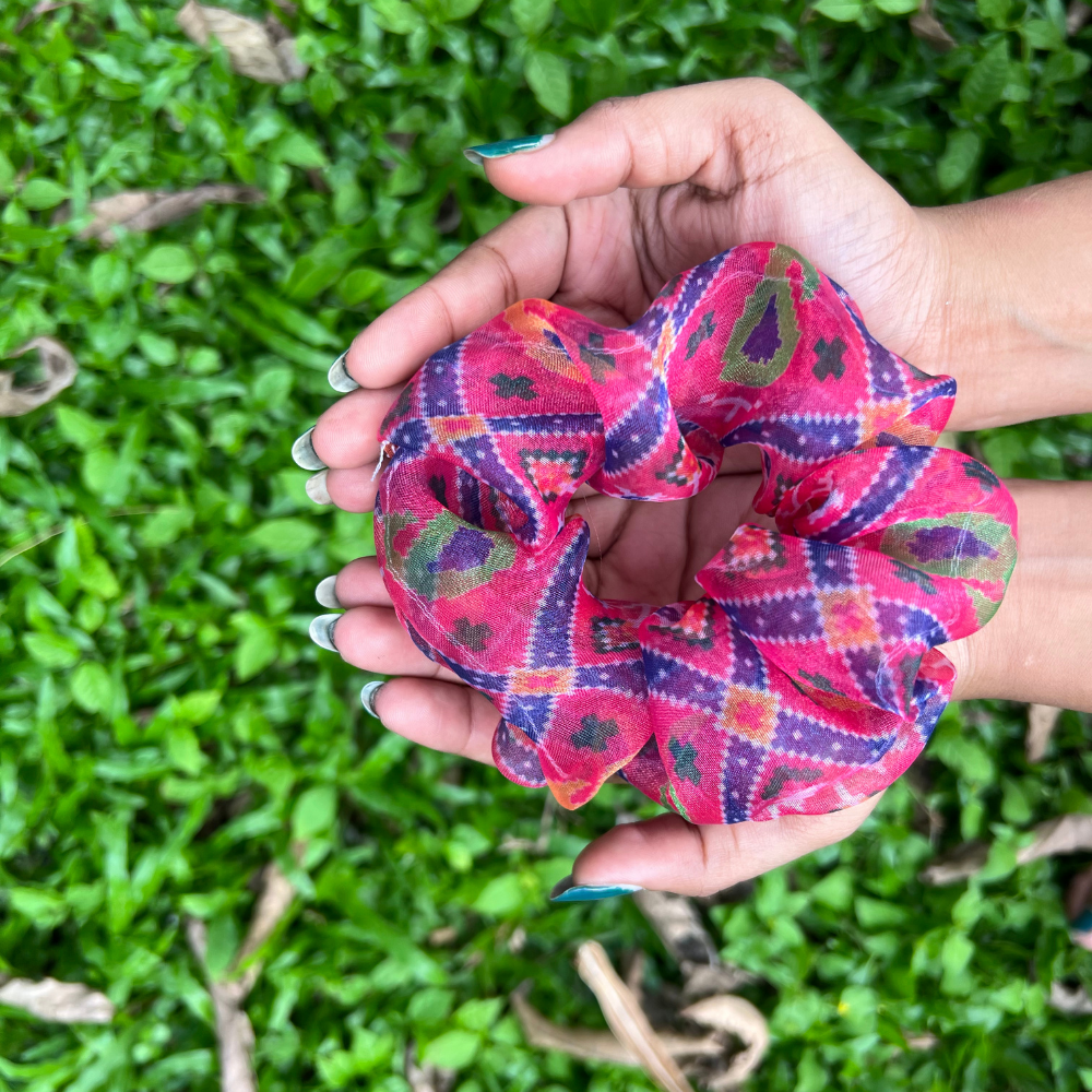 Pink Ethnic Prints Organza Scrunchie