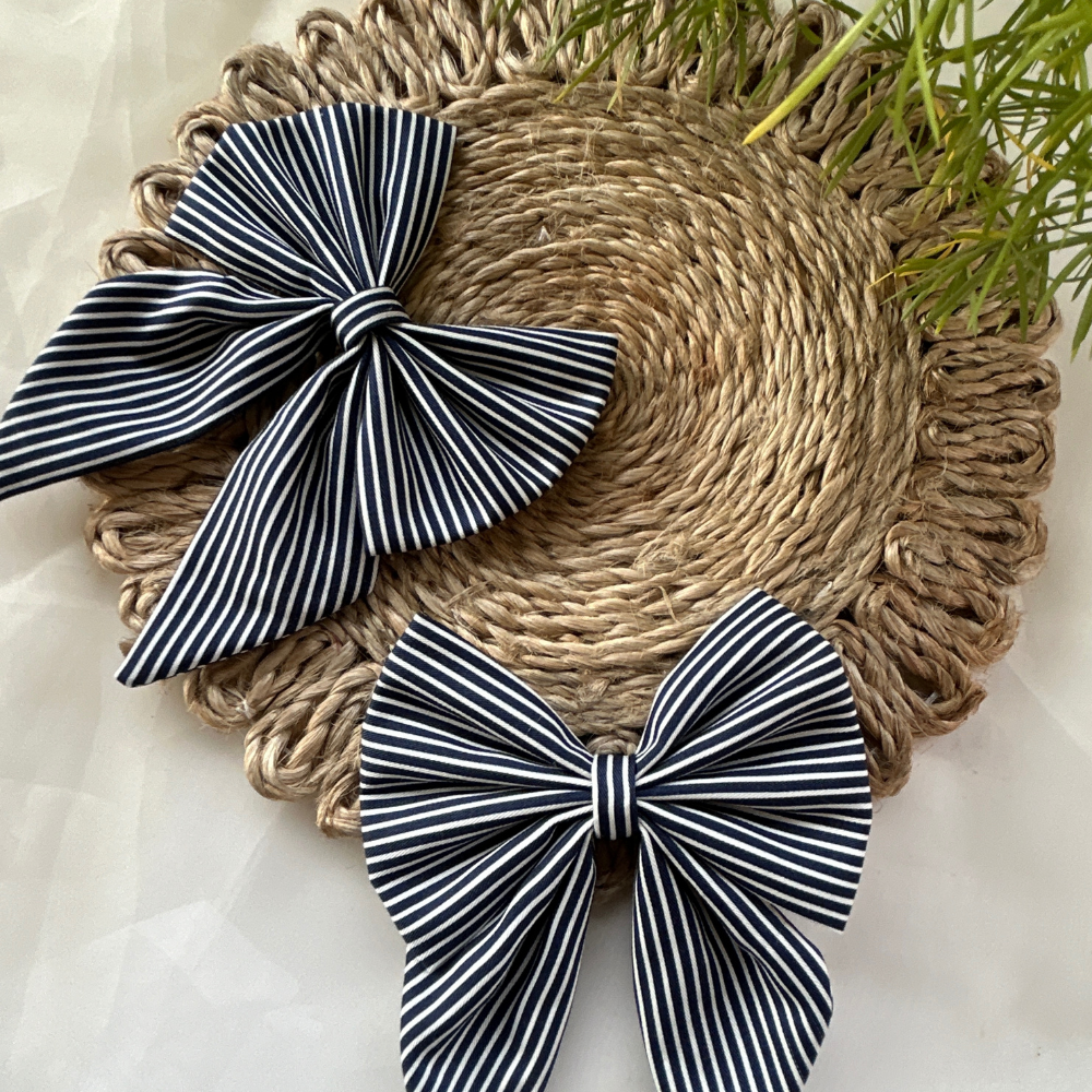 Blue and White Stripes Pigtail Bow