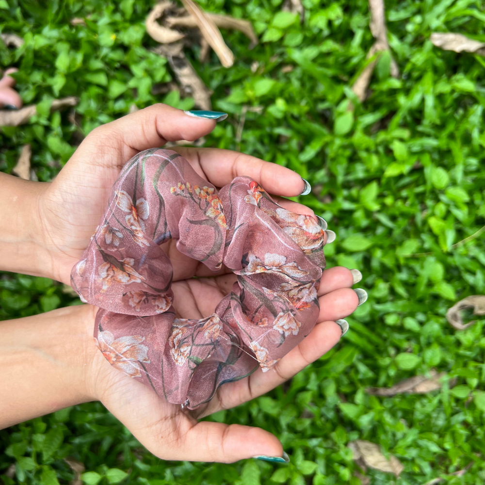 Brown Floral Organza Scrunchie