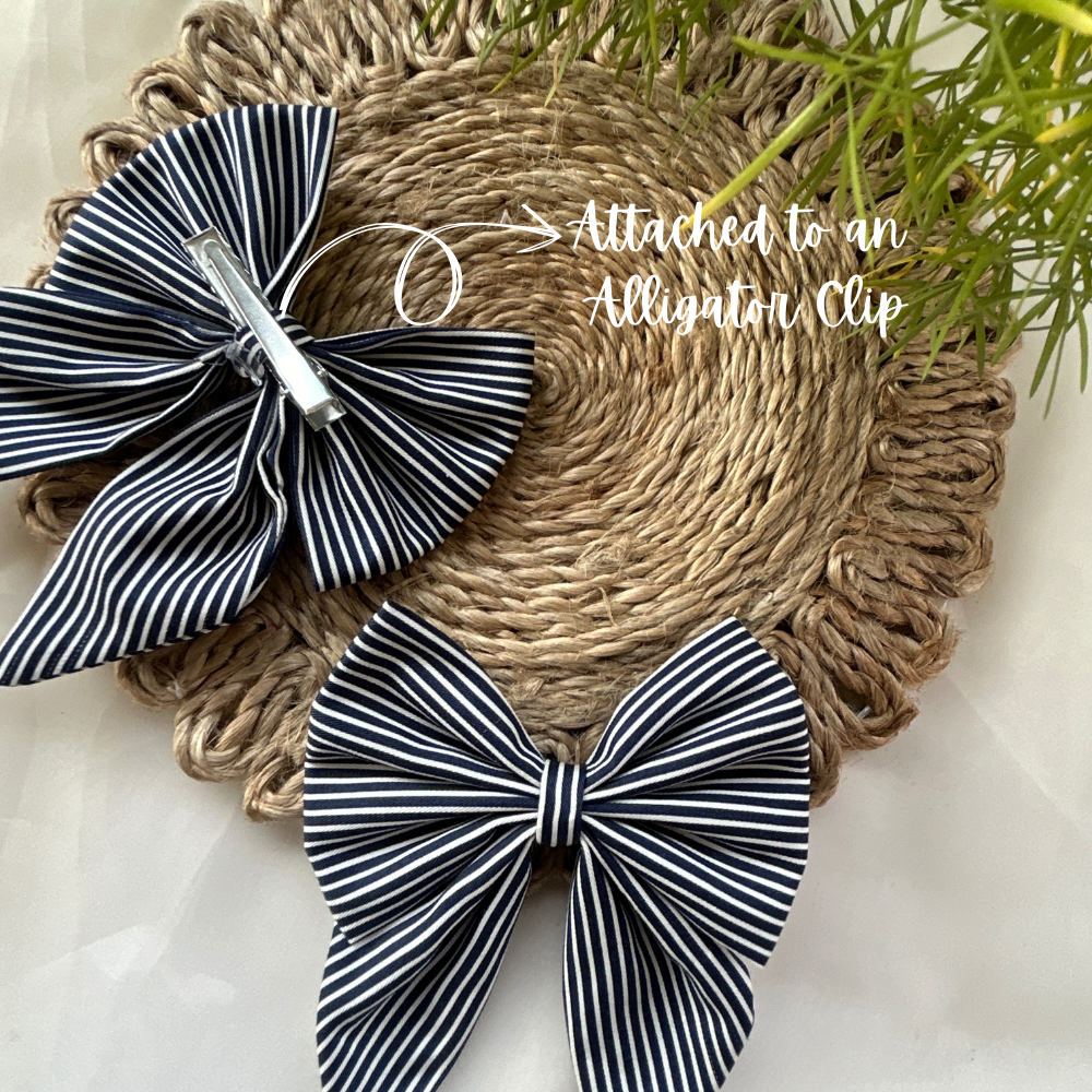 Blue and White Stripes Pigtail Bow