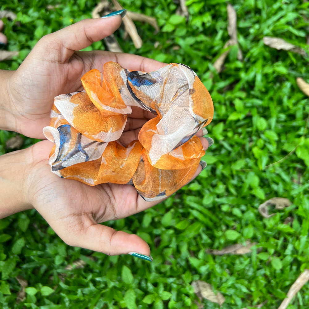 Mustard Floral Organza Scrunchie