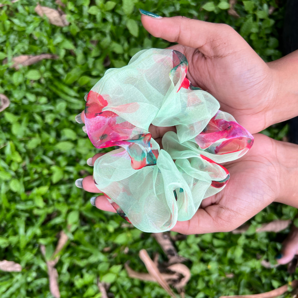 Green Floral Organza Scrunchie