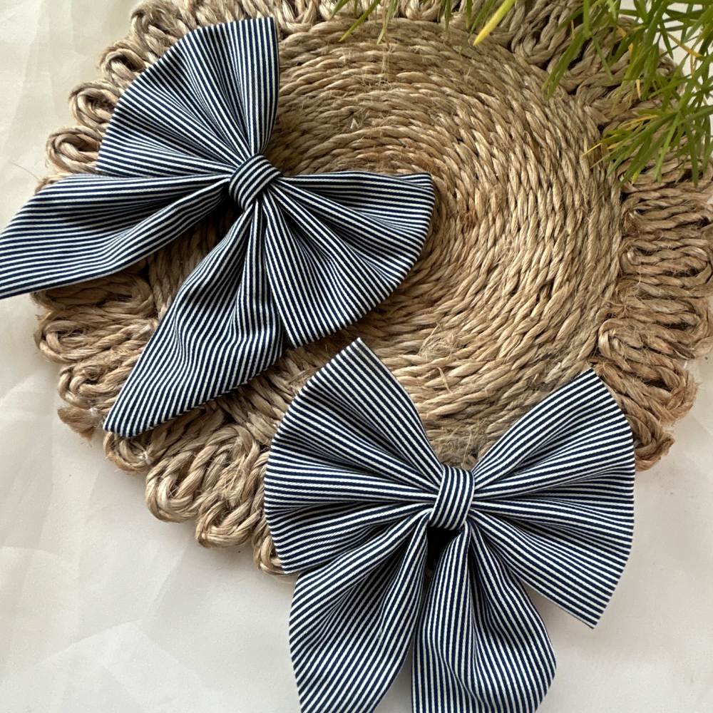 Blue and White Stripes Pigtail Bow