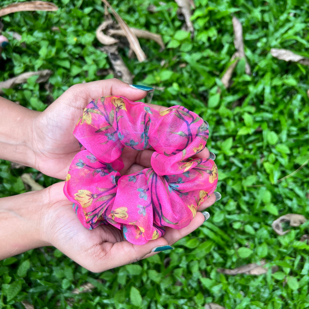 Pink Floral Organza Scrunchie