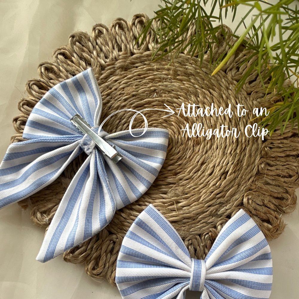 Blue and White Stripes Pigtail Bows