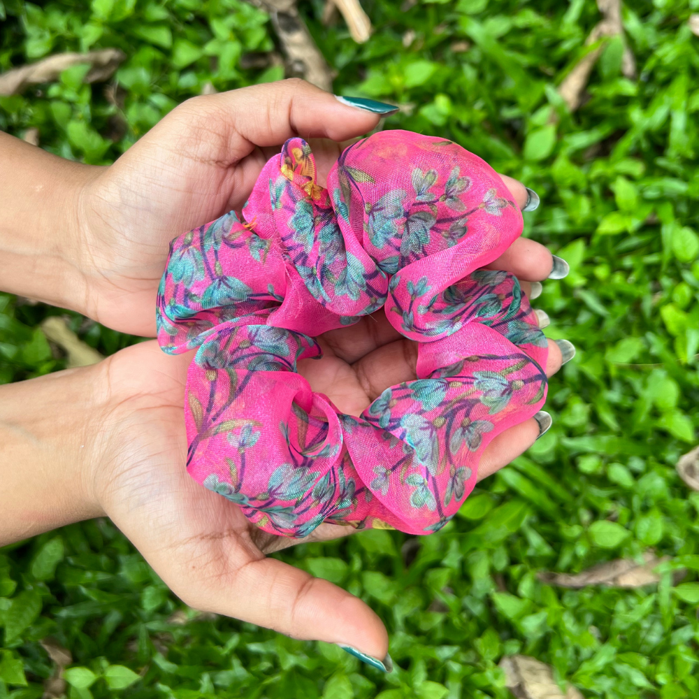 Pink Floral Organza Scrunchie