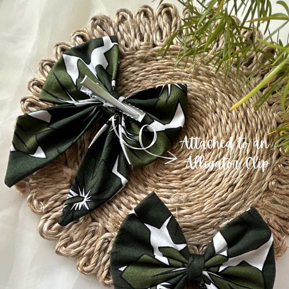 Green Geometric Print Pigtail Bow