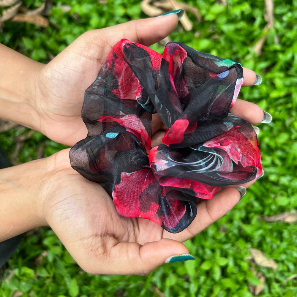 Black Floral Organza Scrunchie