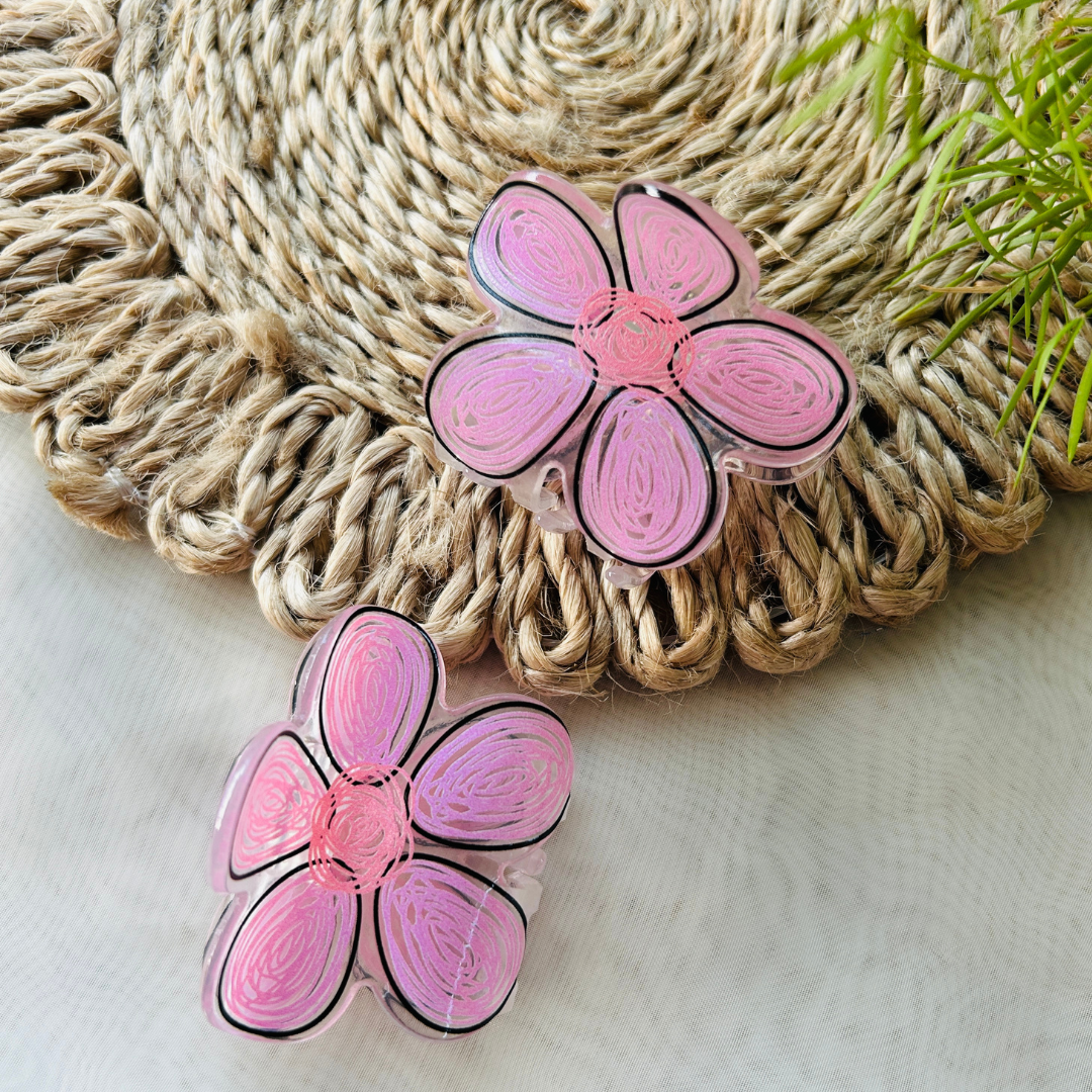 Hand Drawn Flower Claw Clip - Light Pink