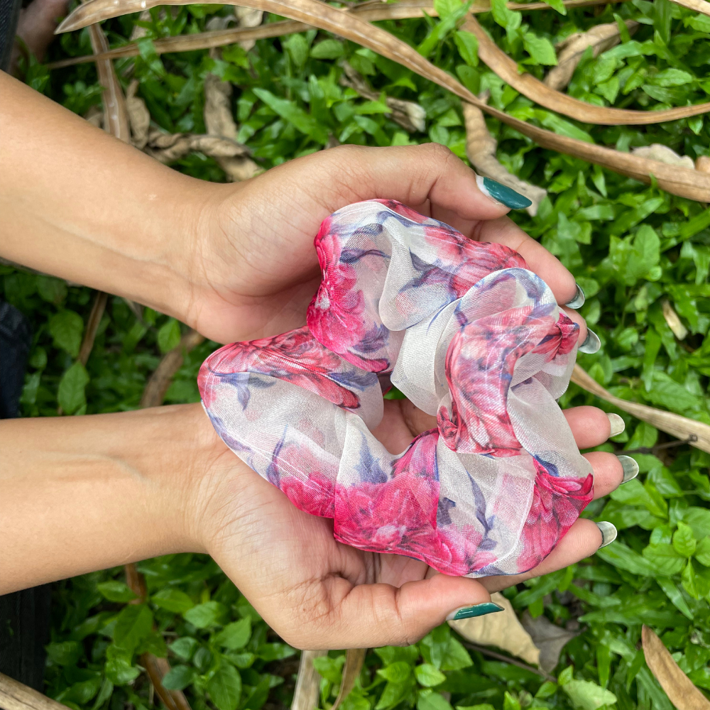 Pink Floral Prints Organza Scrunchie