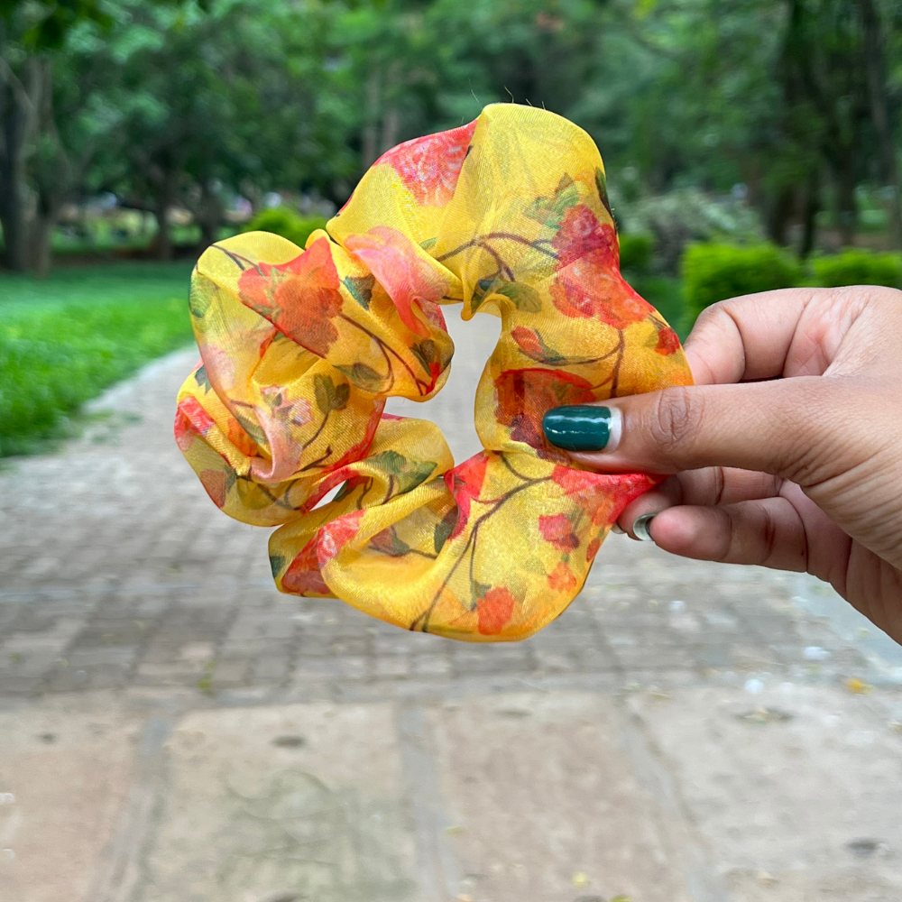 Yellow Prints Organza Scrunchie