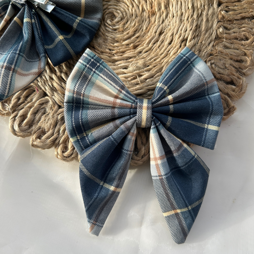 Blue Checks Pigtail Bow