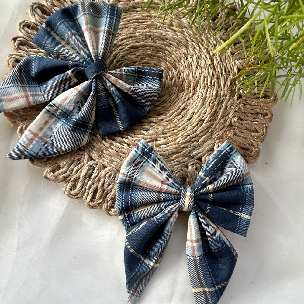 Blue Checks Pigtail Bow