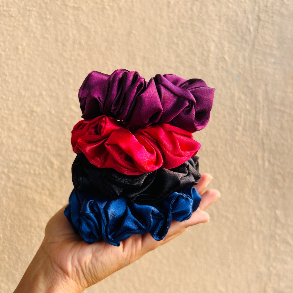 Satin Scrunchies Combo of 4 (Charcoal, Ink, Brinjal, Christmas)