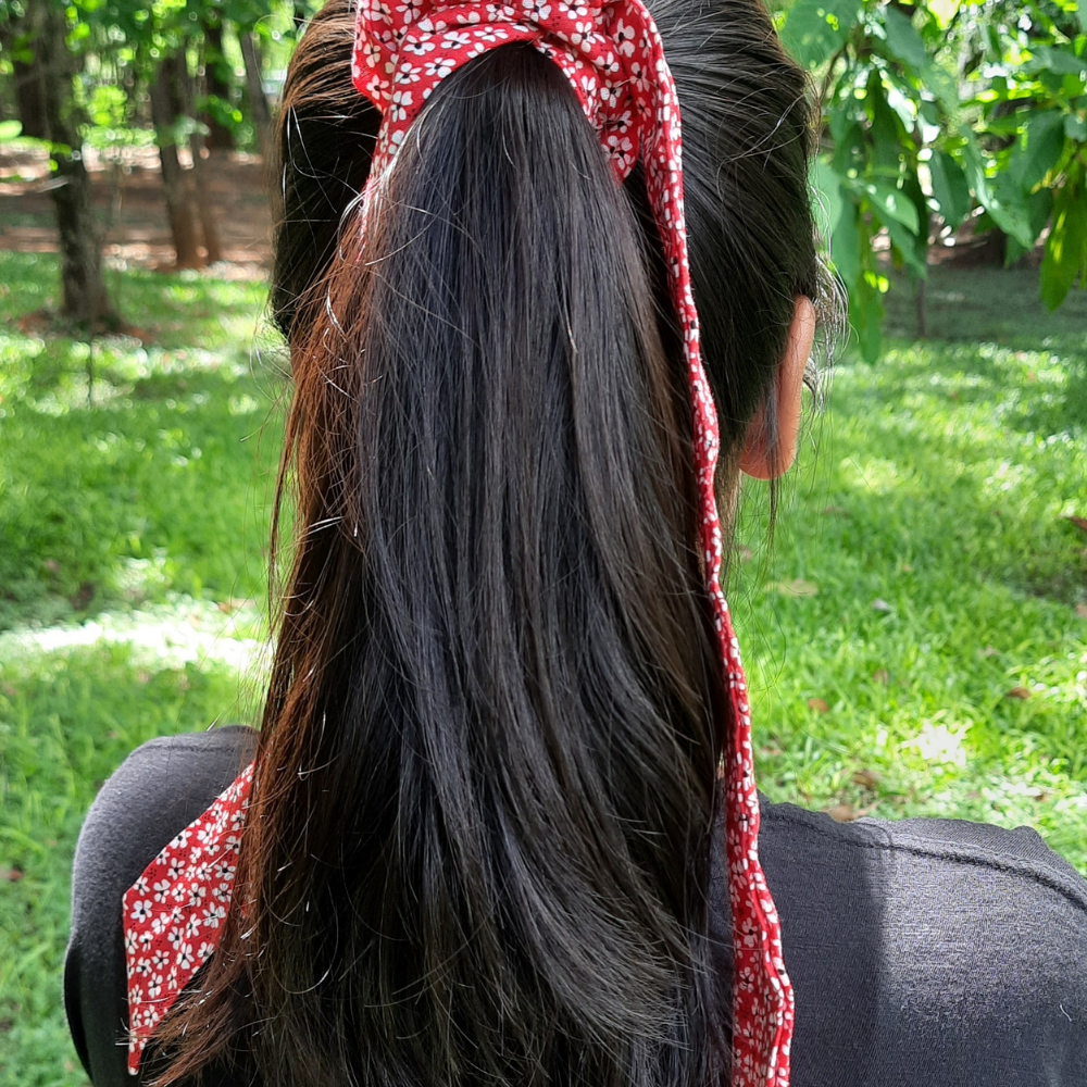 Red Floral Print Scarf Scrunchie  / Tail Scrunchie / Bowknot Scrunchie