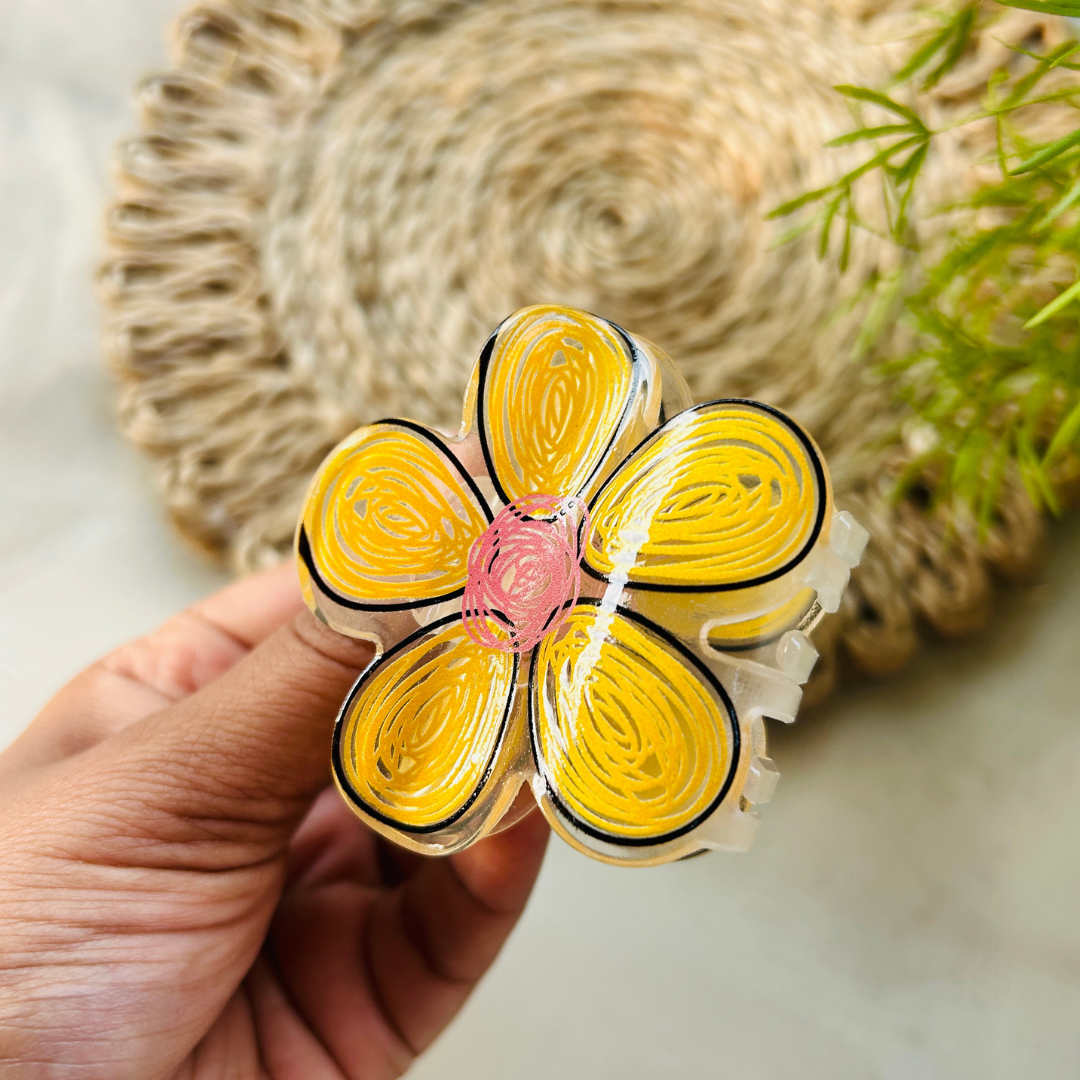 Hand Drawn Flower Claw Clip - Bright Yellow