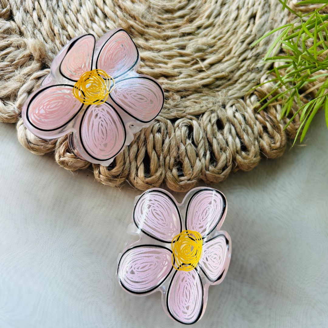 Hand Drawn Flower Claw Clip - Light Pink