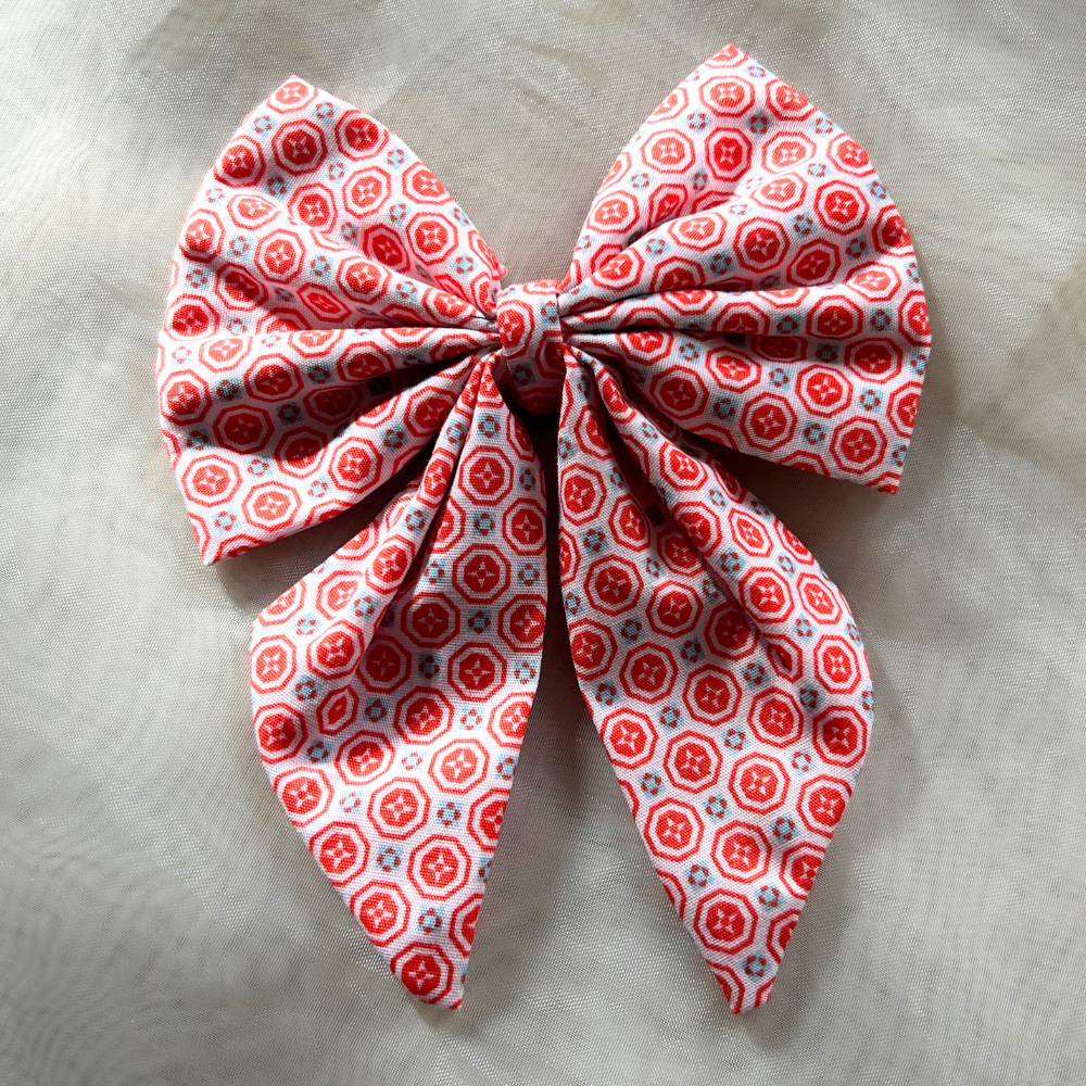 White and Red  Prints Pigtail Bow