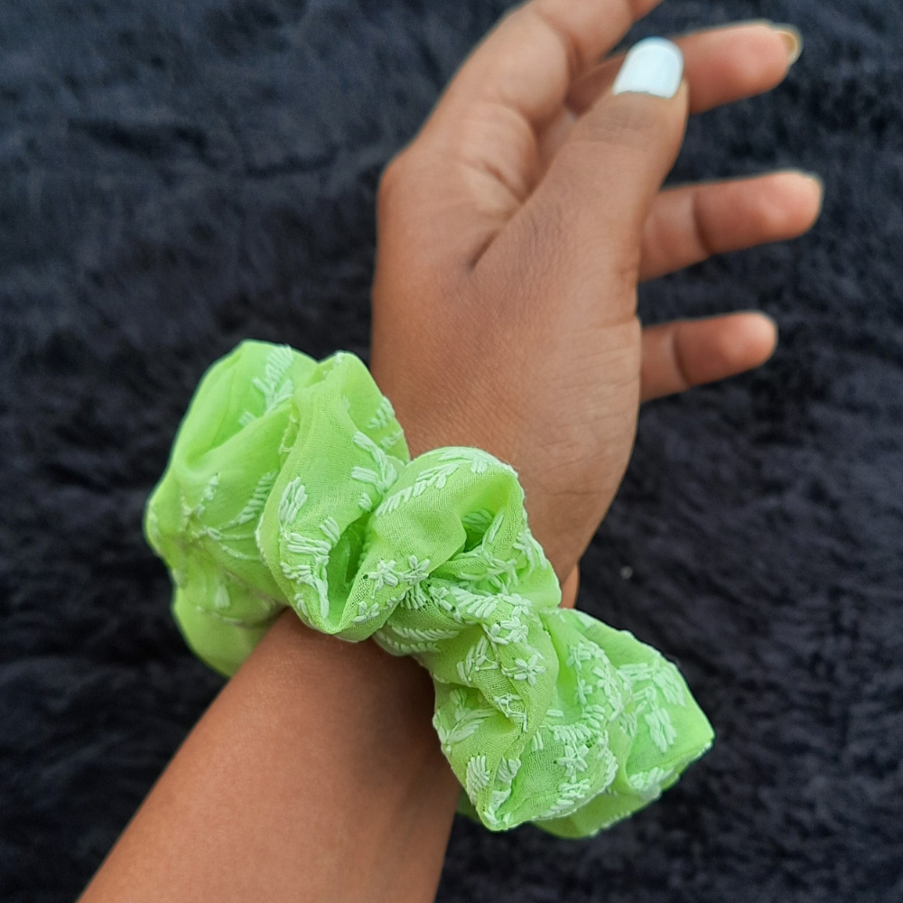 Green Chikankaari Scrunchie