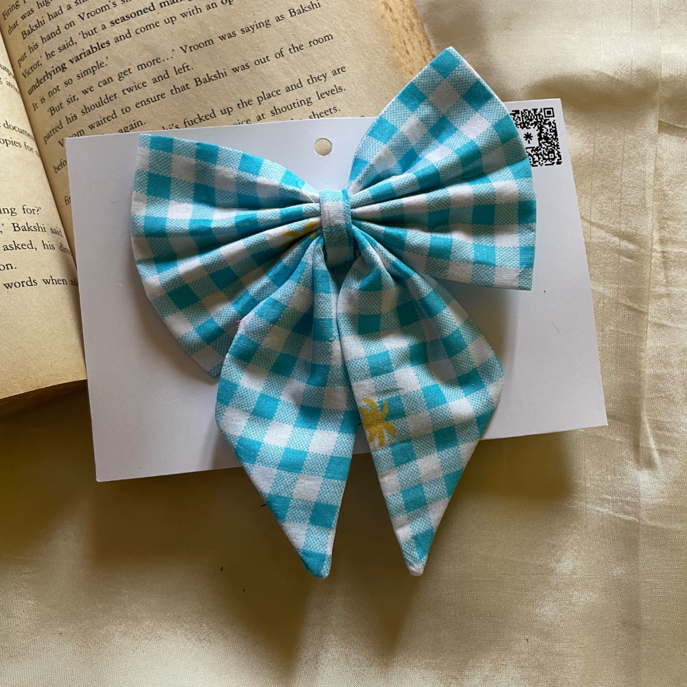 Blue checks with tiny yellow flowers -  Pigtail Bow