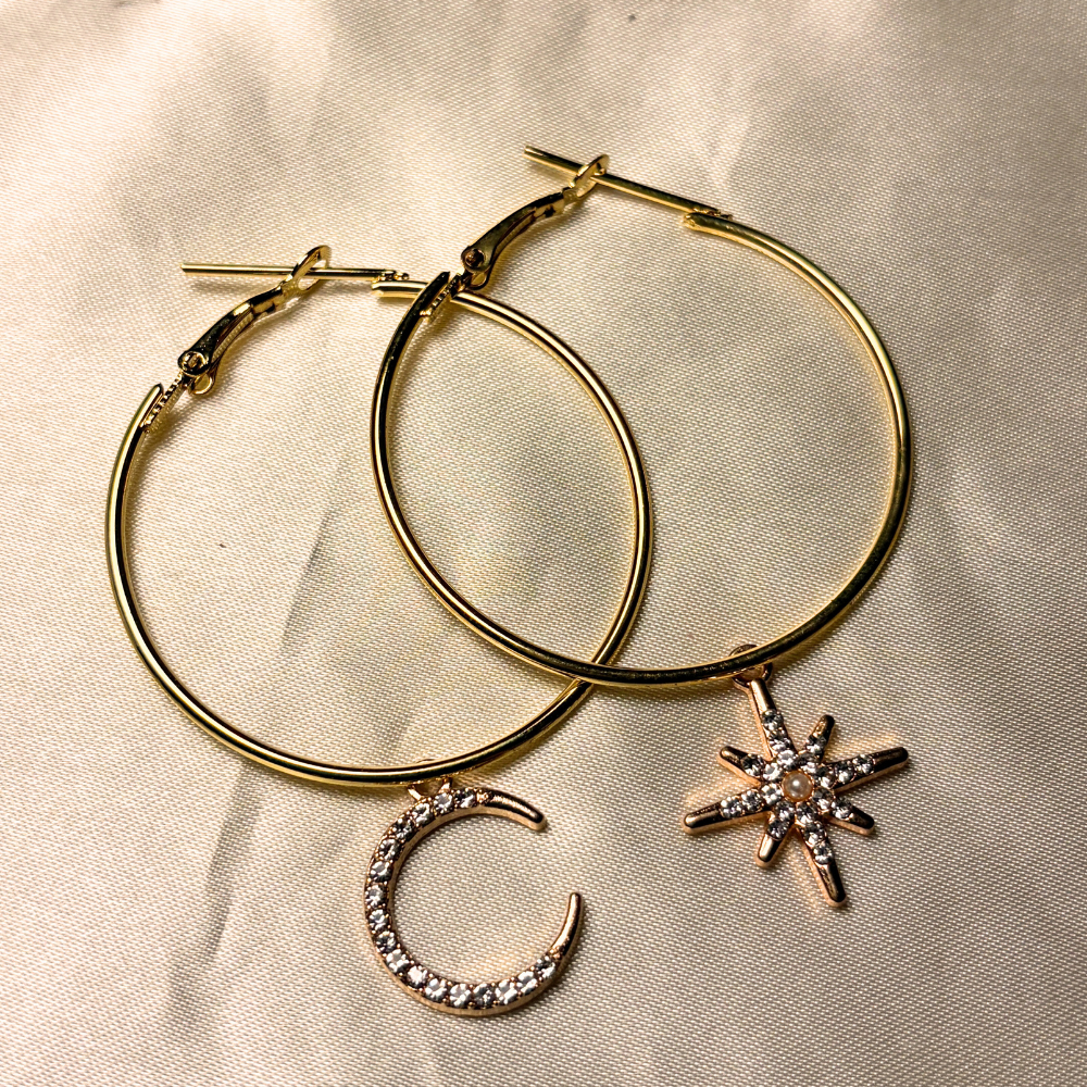 Mismatched Sun and Moon Hoop Earrings - Golden