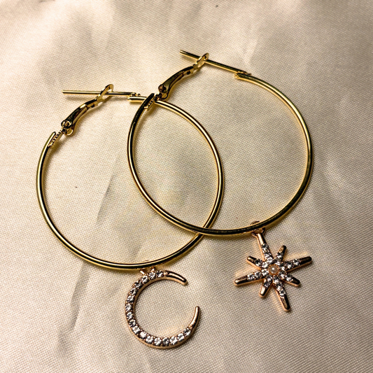 Mismatched Sun and Moon Hoop Earrings - Golden