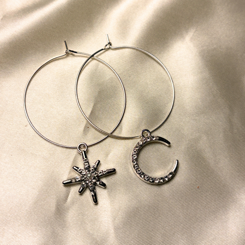 Mismatched Sun and Moon Hoop Earrings - Silver